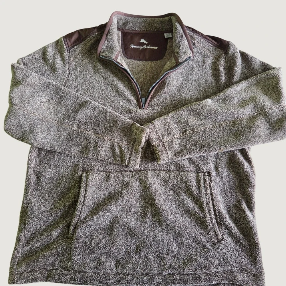 Tommy Bahama‎ Mens Brown Marl High Pile Fleece Quarter Zip Pullover XL Pockets